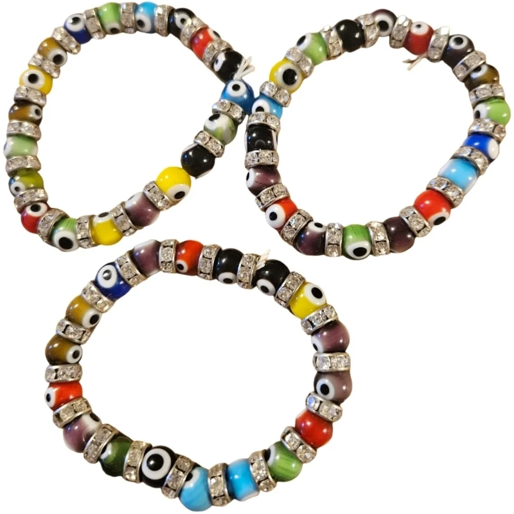 🩵Lot 3 Piece Art Glass Evil Eye Beaded Stretch Bracelets